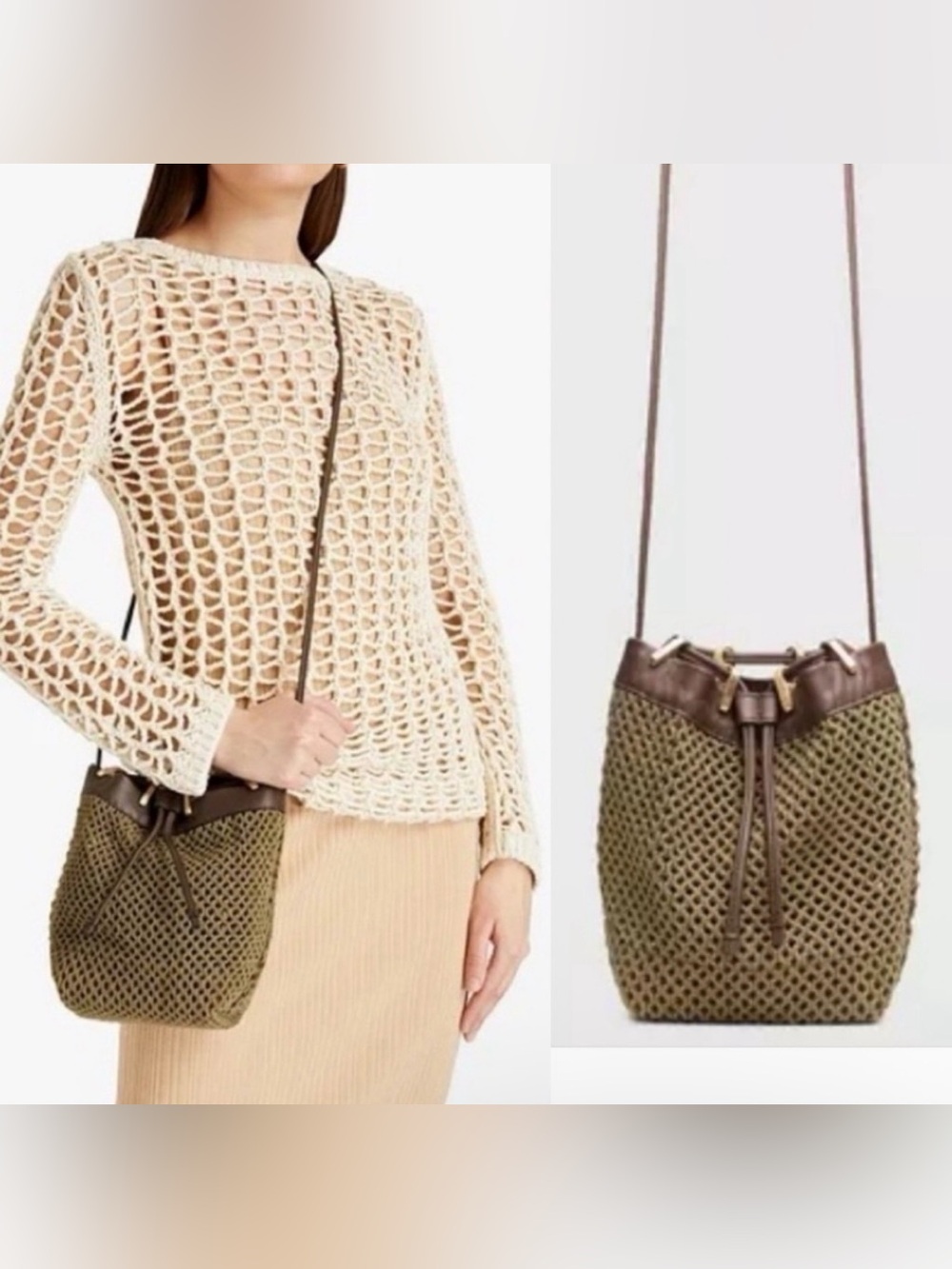 Rag & bone Safari Khaki Net Summer Dayton Drawstring Crossbody Bag